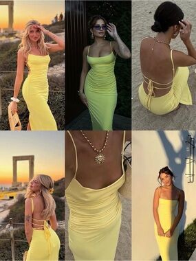 Zara NWT Sexy Bright Butter Yellow Tie Criss Cross Spaghetti Strap Maxi Dress XS